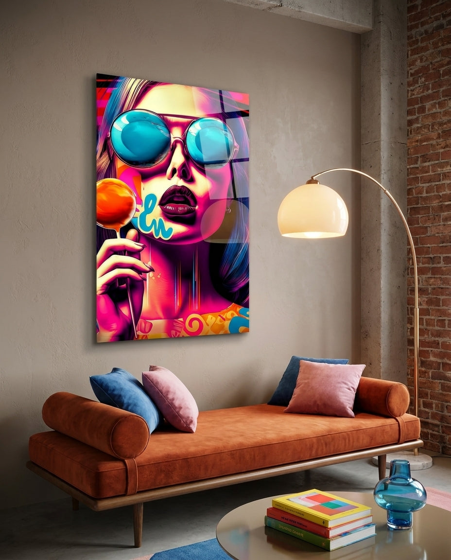 Blue Mirror Glasses Orange Lollipop Glass Wall Art
