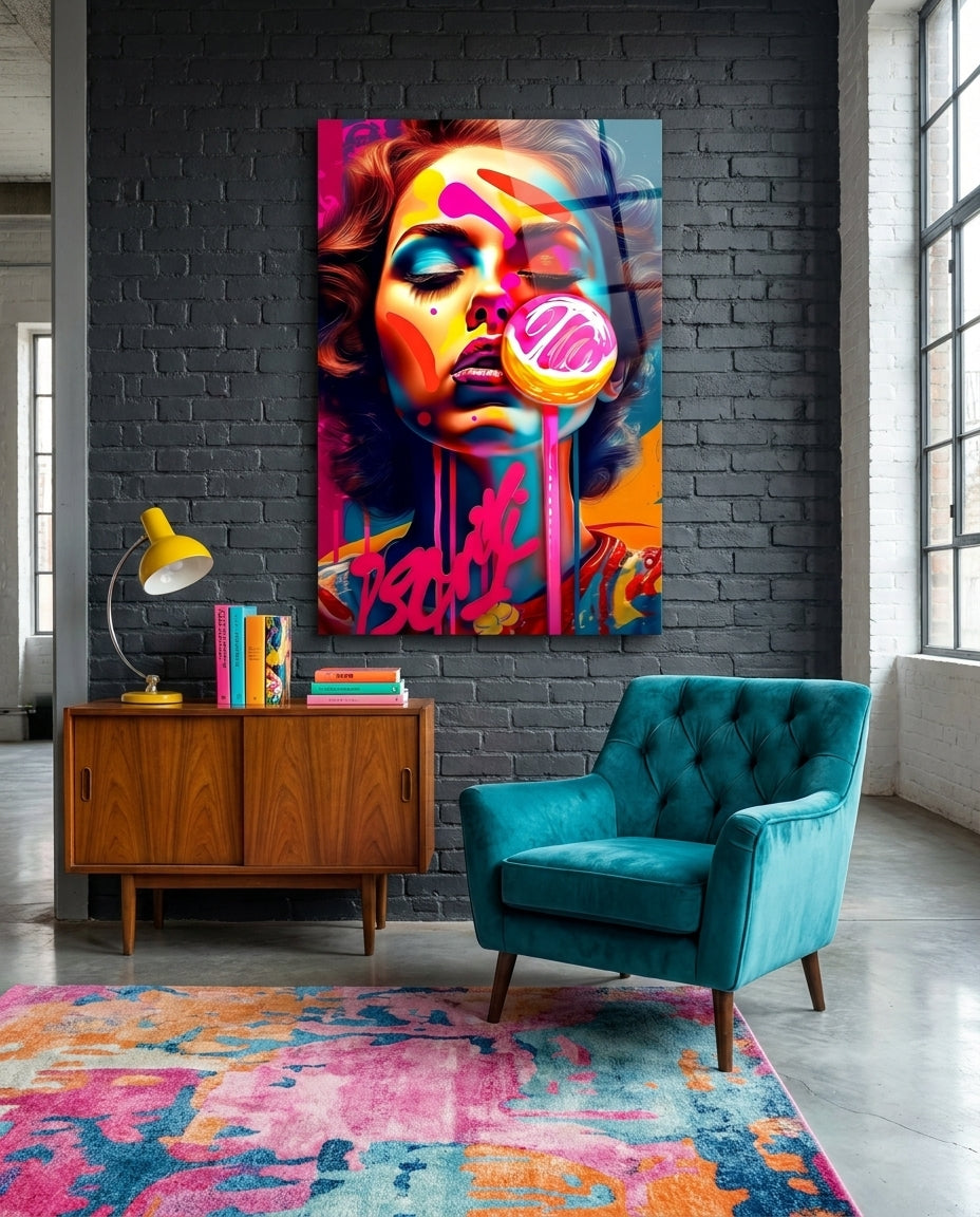 Dripping Pink Lollipop Graffiti Woman Glass Wall Art