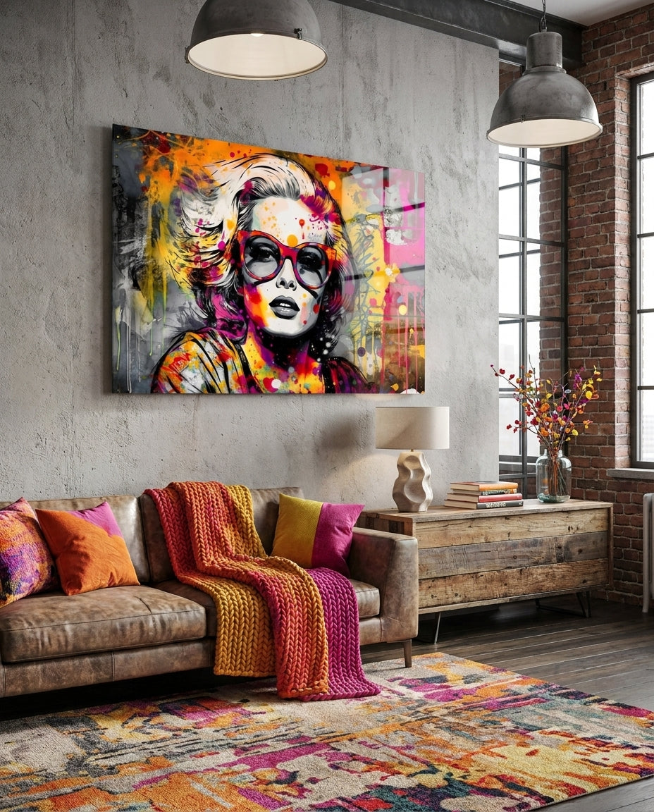 Red Round Glasses Graffiti Wall Woman Glass Wall Art