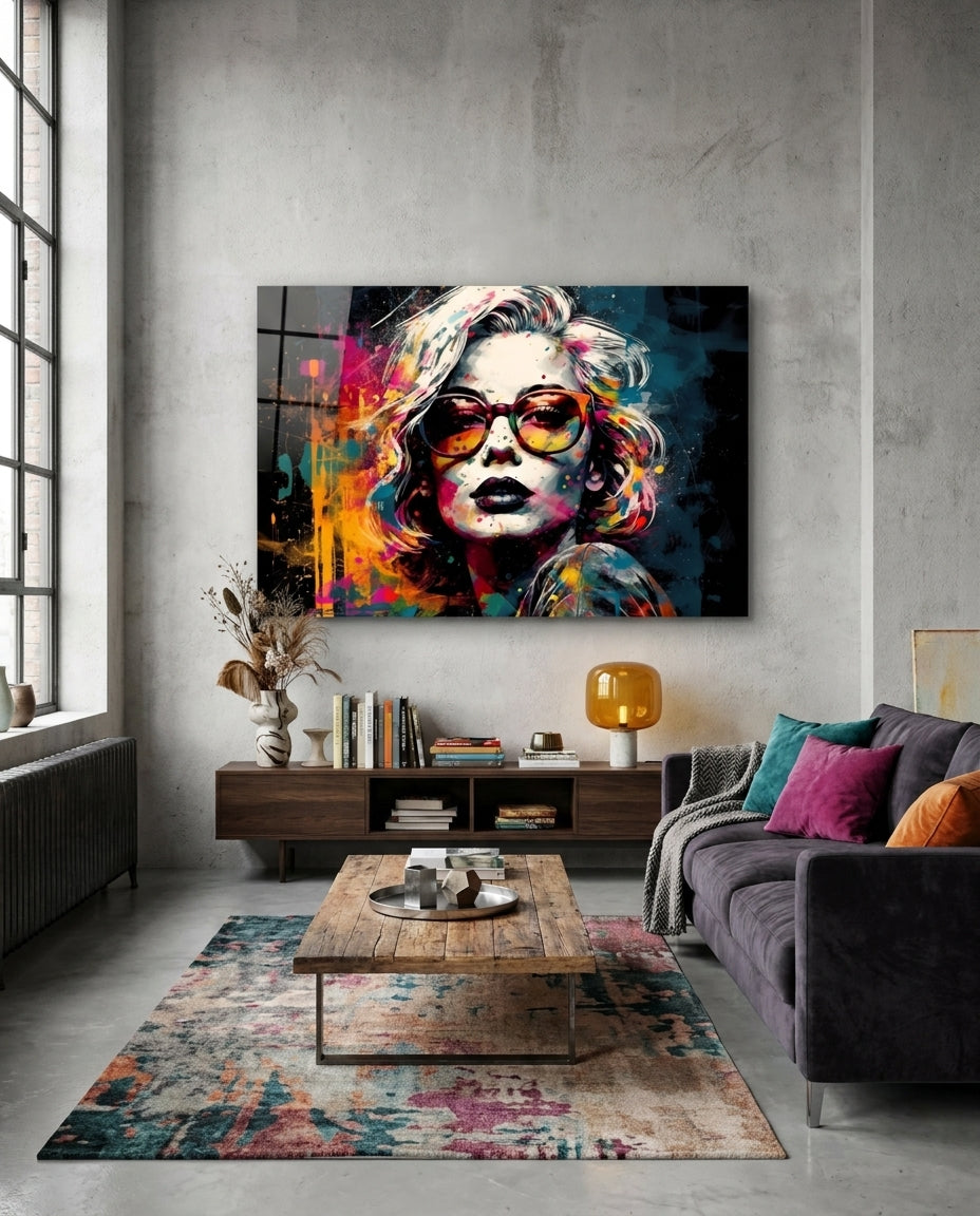 Dark Navy Backdrop Red Glasses Woman Glass Wall Art