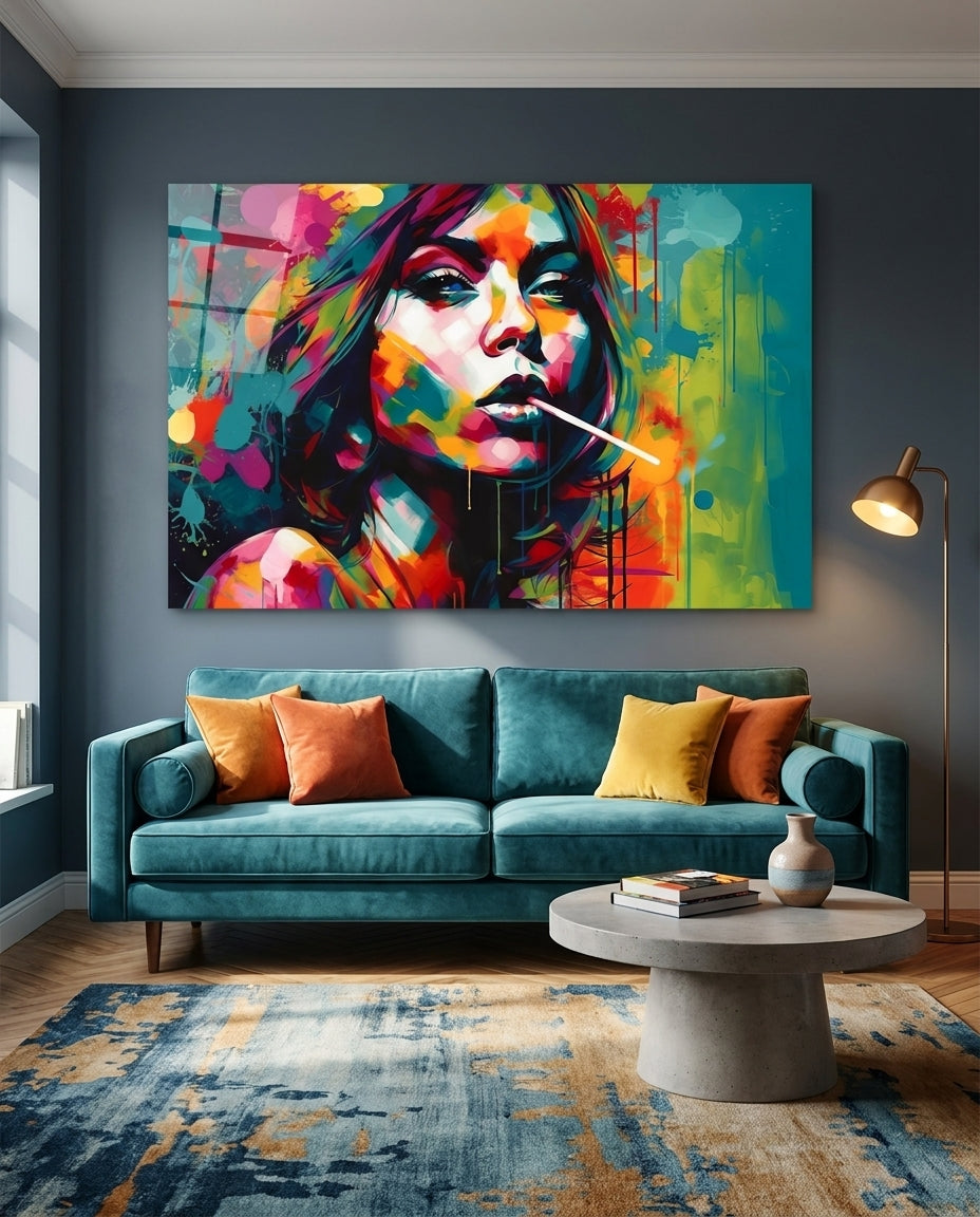 Teal Splash Painted Woman Candy Stick Glass Wall Art