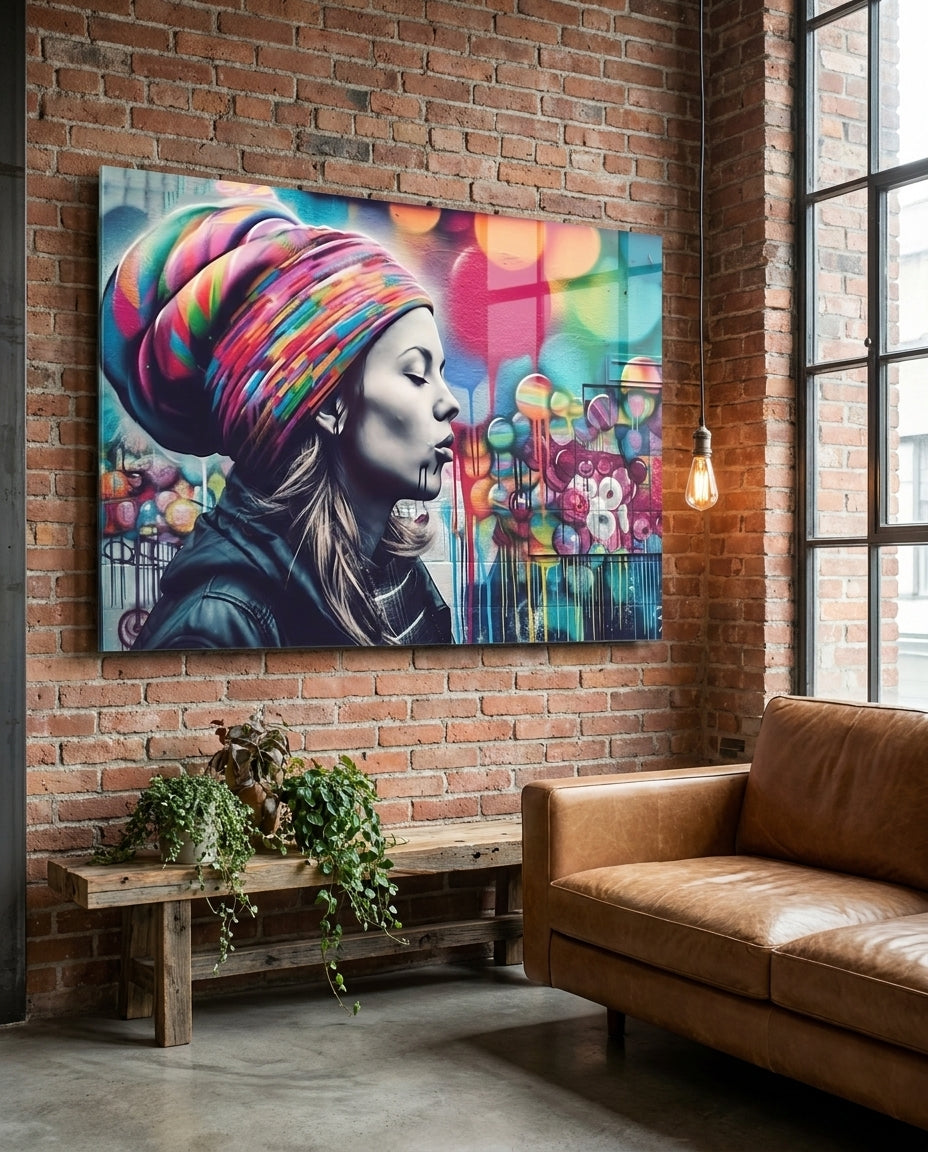 Graffiti Wall Turban Woman Profile Glass Wall Art