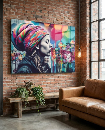 Graffiti Wall Turban Woman Profile Glass Wall Art