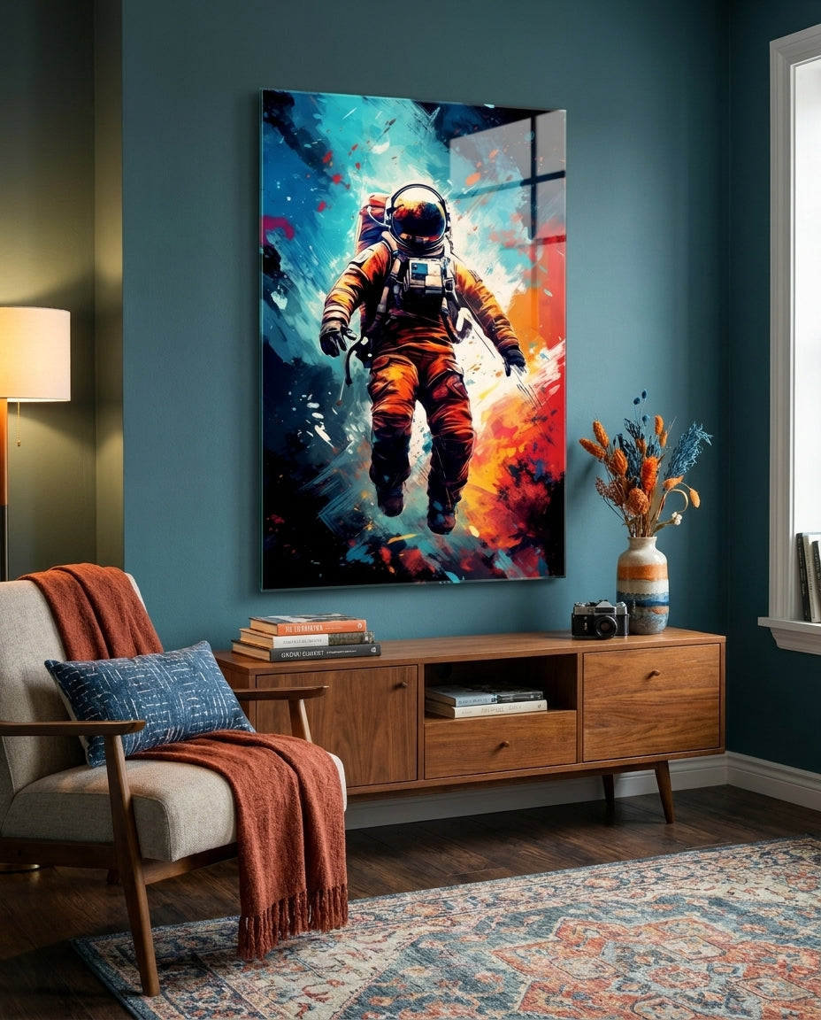 Orange Suit Painted Astronaut Glass Wall Art
