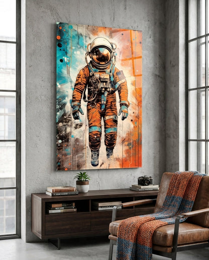 Comic Orange Astronaut Glass Wall Art