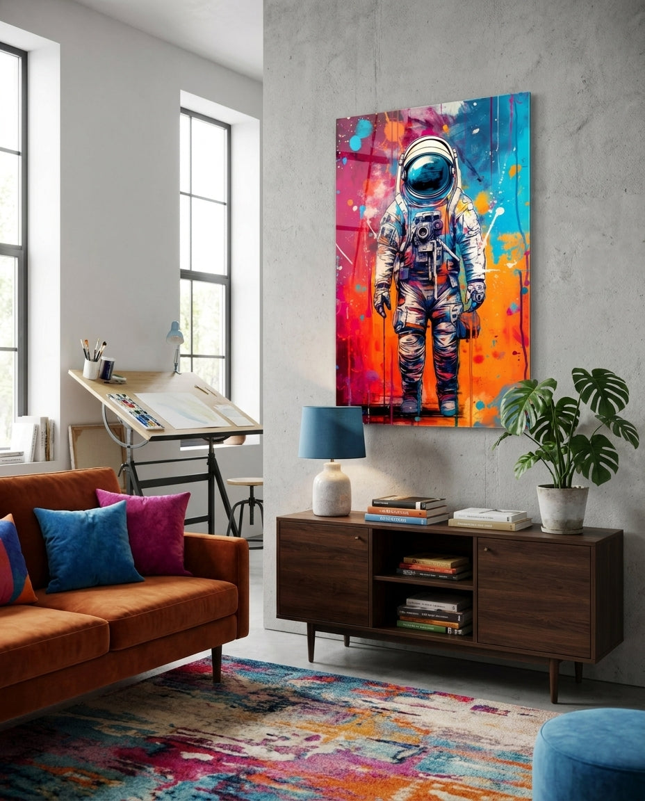 Camera Astronaut Color Drip Glass Wall Art