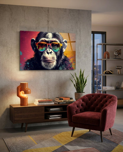 Red And Gold Split Splatter Chimp Glass Wall Art