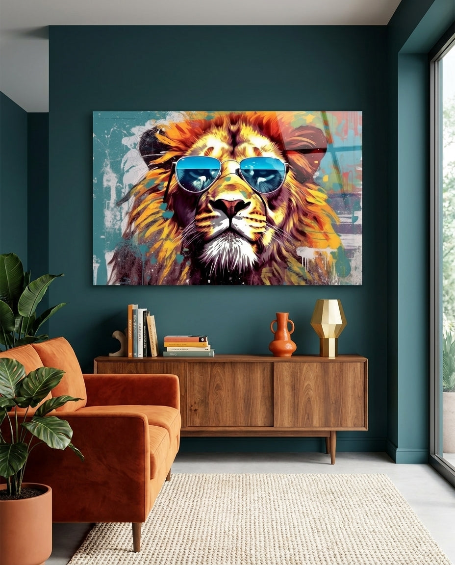 Silver Aviator Lion On Teal Glass Wall Art