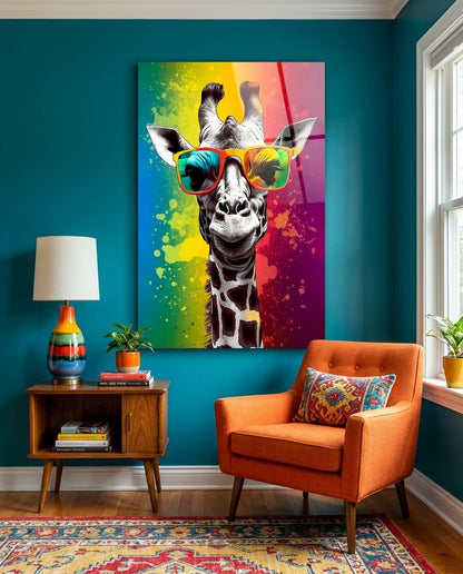 Rainbow Stripe Giraffe Glass Wall Art