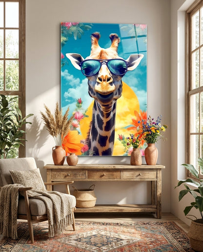 Aviator Giraffe Sky and Flowers Glass Wall Art