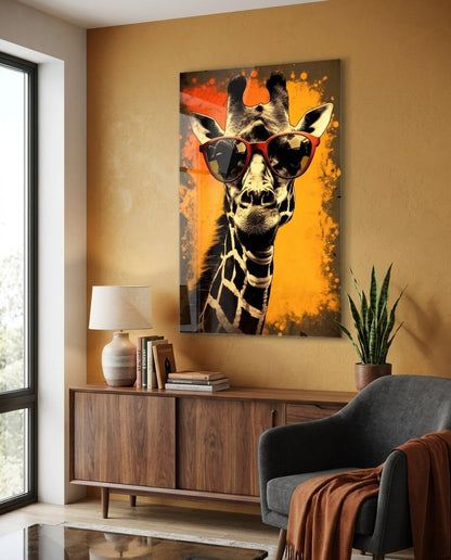 Retro Giraffe Red Shades Orange Glass Wall Art