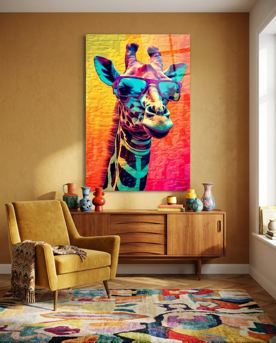Neon Pop Giraffe Purple Shades Glass Wall Art