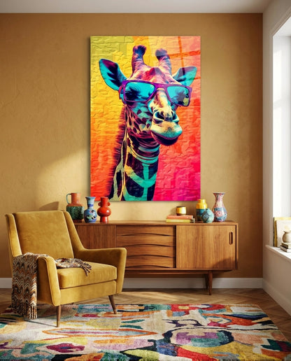 Neon Pop Giraffe Purple Shades Glass Wall Art