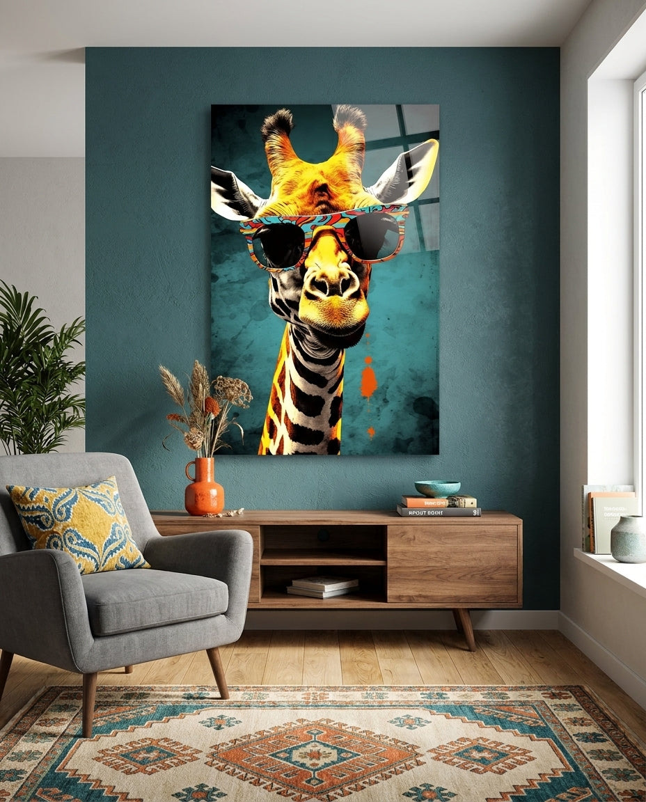 Paisley Shades Giraffe Dark Teal Glass Wall Art