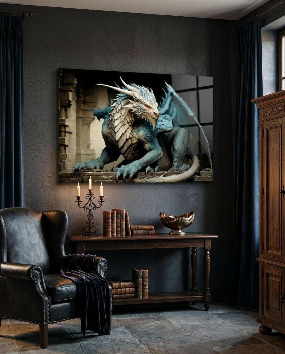 Icy Blue Scaled Dragon Glass Wall Art