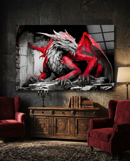 Crimson Red Winged Dragon Glass Wall Art