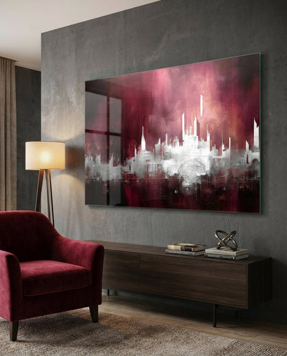 Crimson Mist Abstract Skyline Glass Wall Art