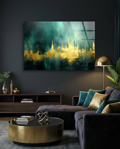 Golden Skyline Teal Mist Glass Wall Art