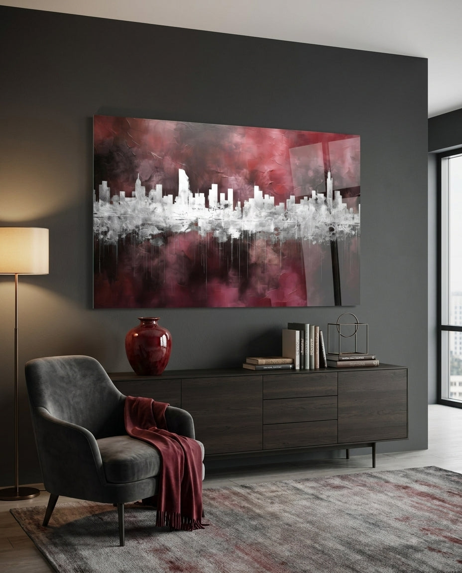 Burgundy Reflected City Glass Wall Art