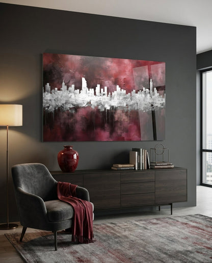 Burgundy Reflected City Glass Wall Art