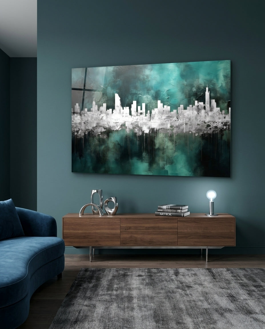 Teal Reflected City Skyline Glass Wall Art