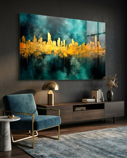 Gold Reflected Skyline Teal Glass Wall Art