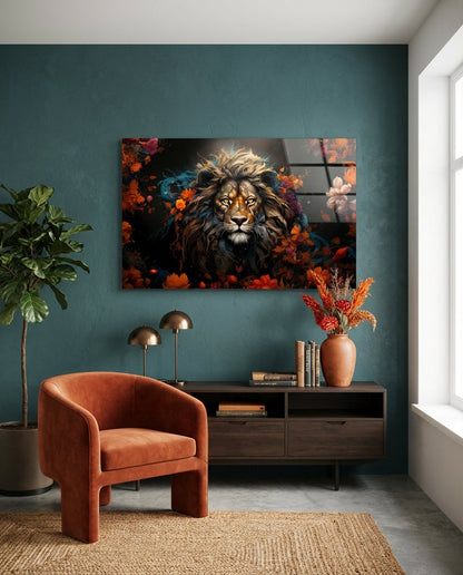 Orange Blossom Lion Portrait Glass Wall Art