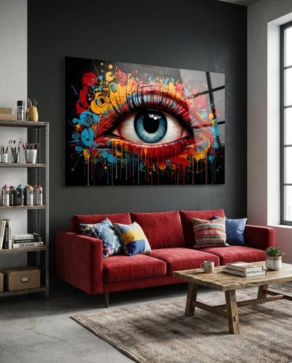Dripping Paint Splash Blue Eye Glass Wall Art