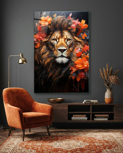 Floral Crown Lion Face Glass Wall Art