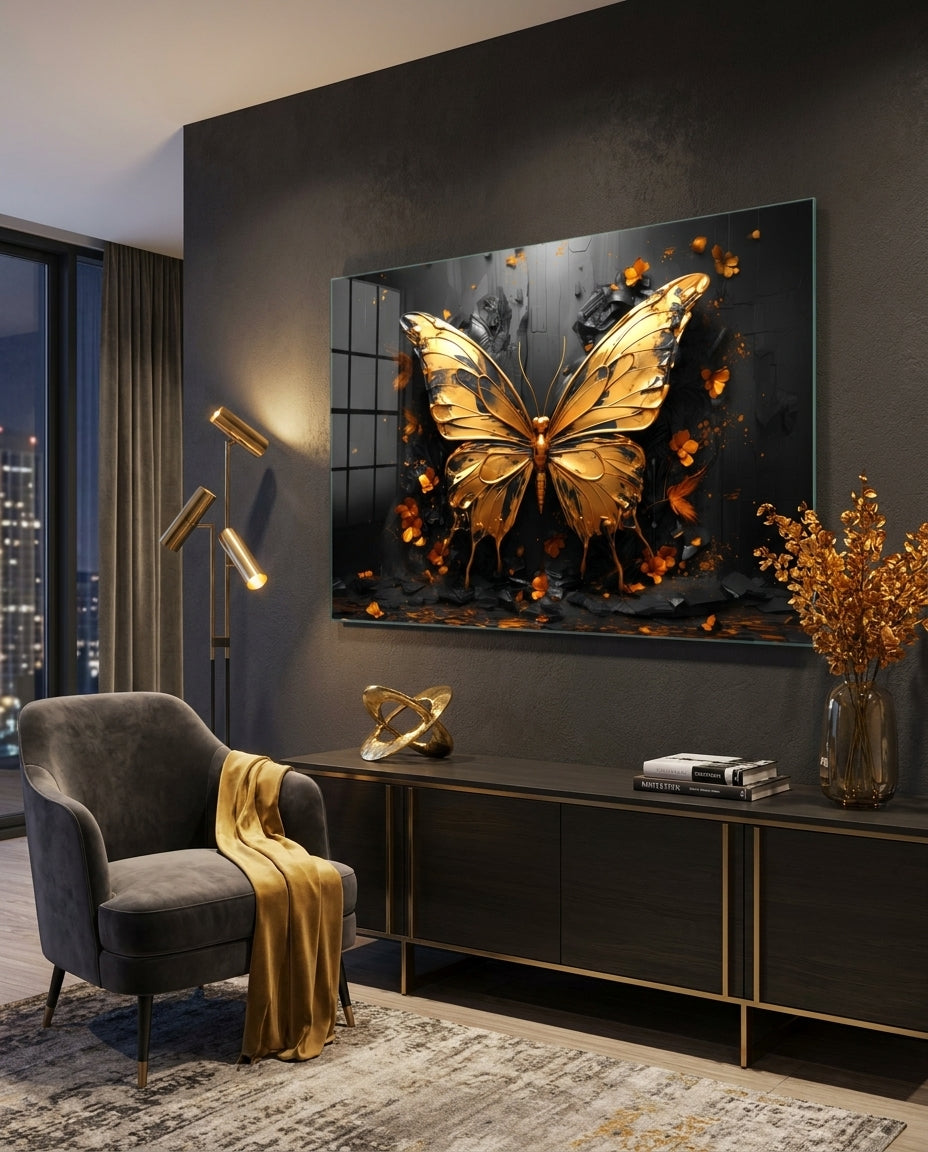 Golden Butterfly Glass Wall Art || Designer Collection