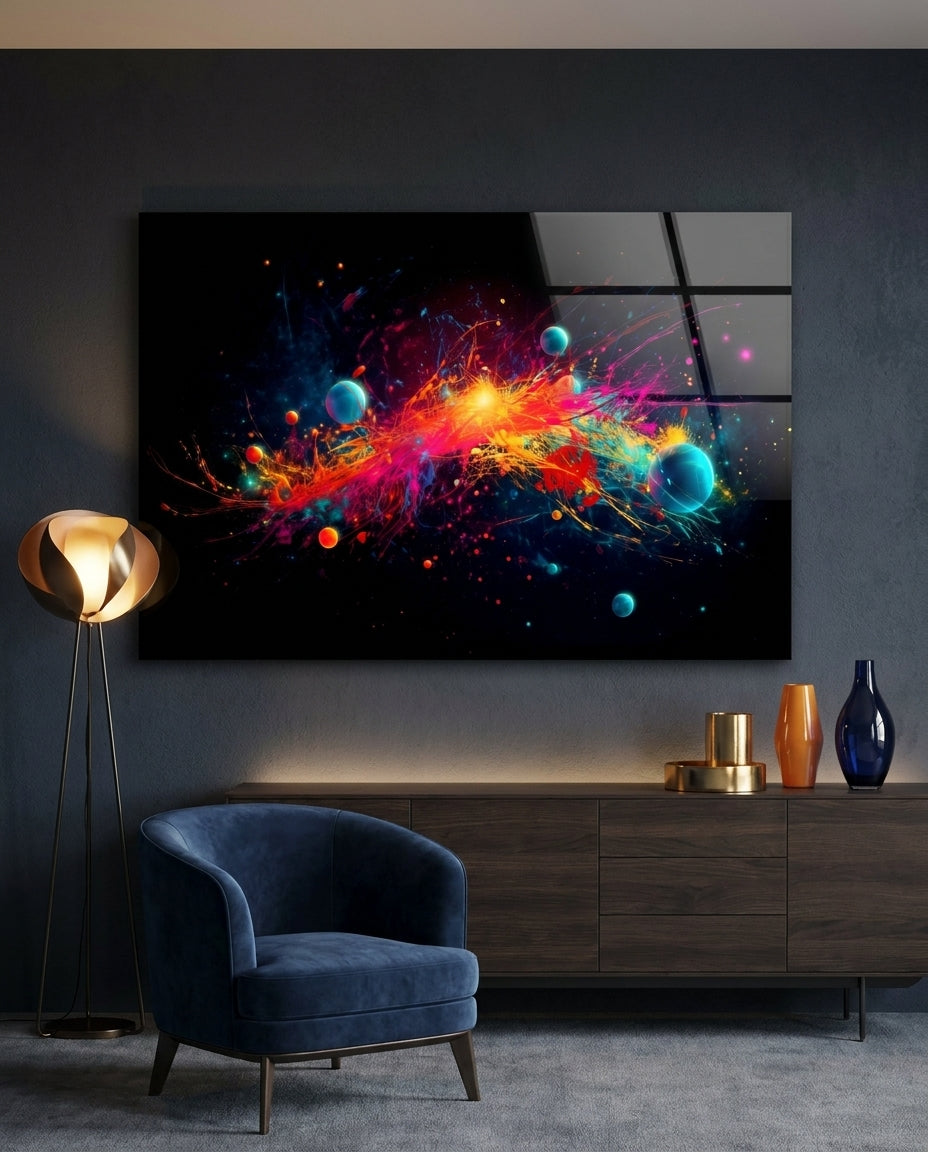 Neon Paint Burst With Planets Glass Wall Art