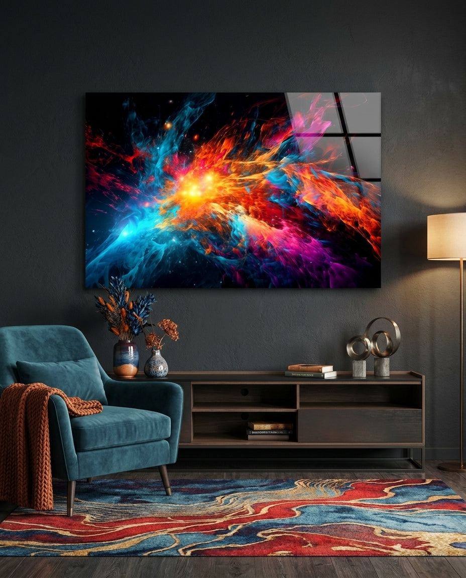 Blue Orange Star Burst Flare Glass Wall Art