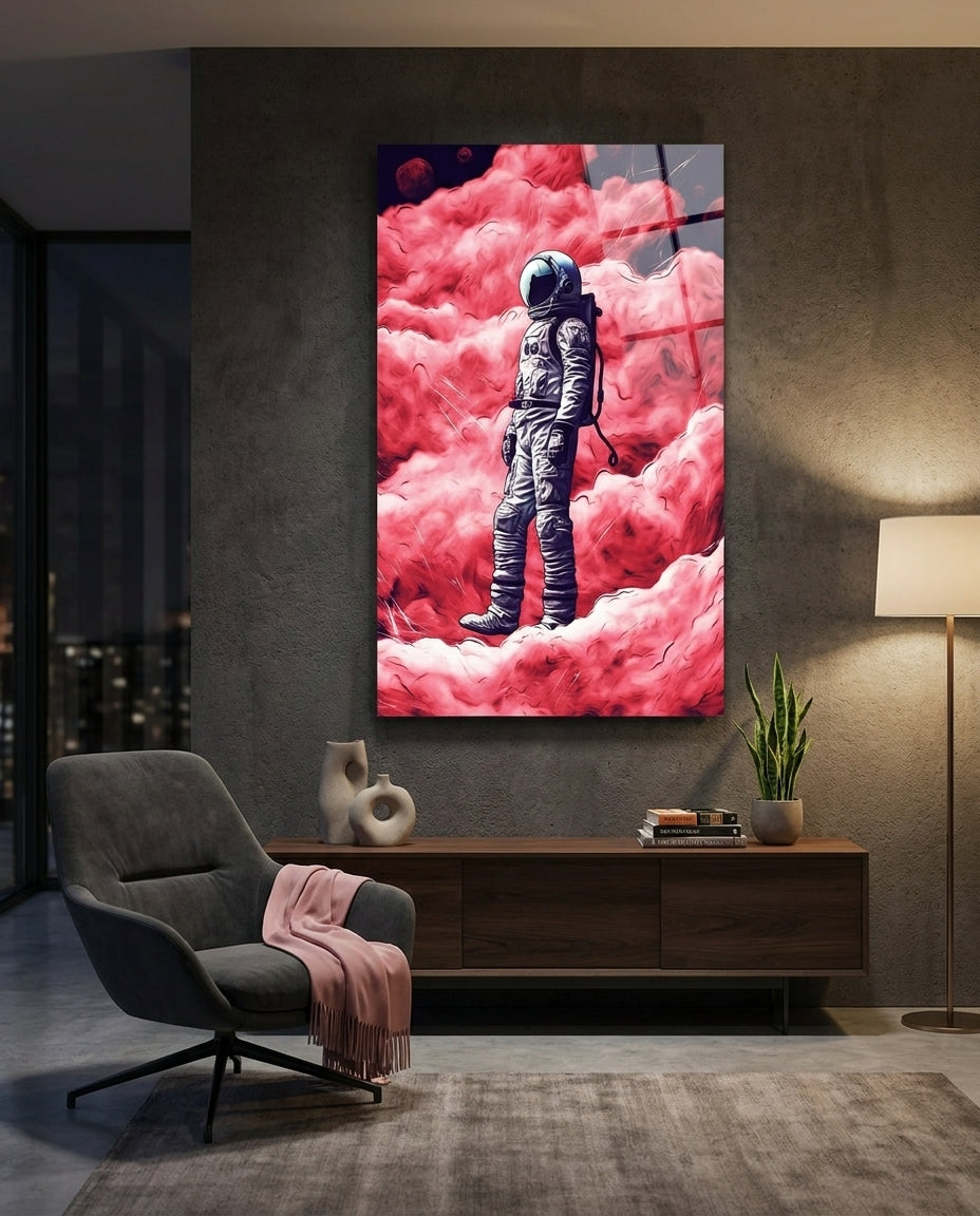 Astronaut on a Pinky Planet Glass Wall Art || Designer Collection