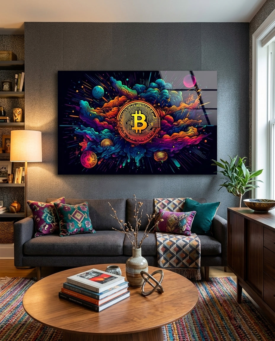 Cosmic Clouds Neon Bitcoin Blast Glass Wall Art