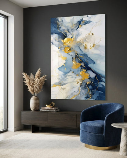 Gold Veined Indigo Marble Swirl Glass Wall Art