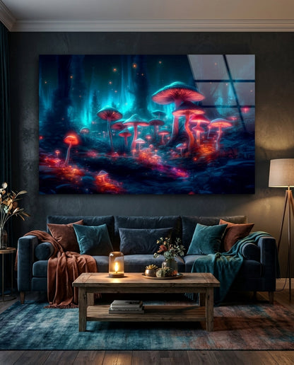 Neon Mushroom Forest Glass Wall Art || Designer Collection