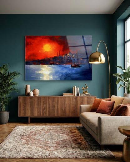 Crimson Sunset Istanbul Skyline Boats Glass Wall Art