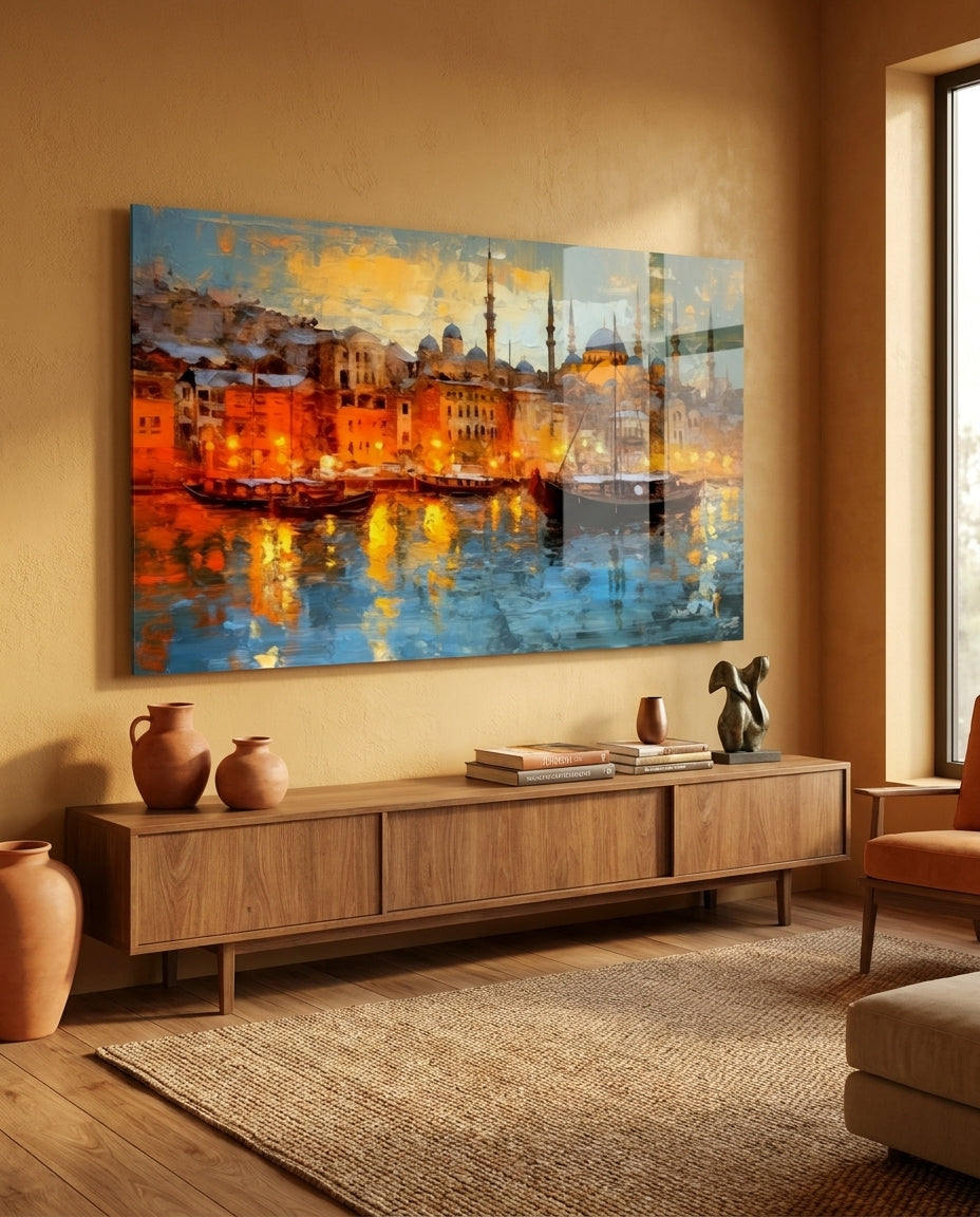 Golden Istanbul Harbor Sailboats Glass Wall Art