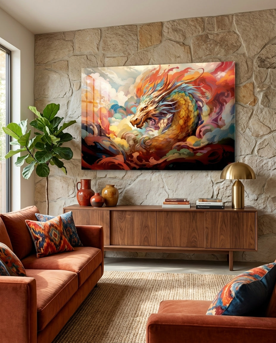 Golden Dragon In Swirling Clouds Glass Wall Art