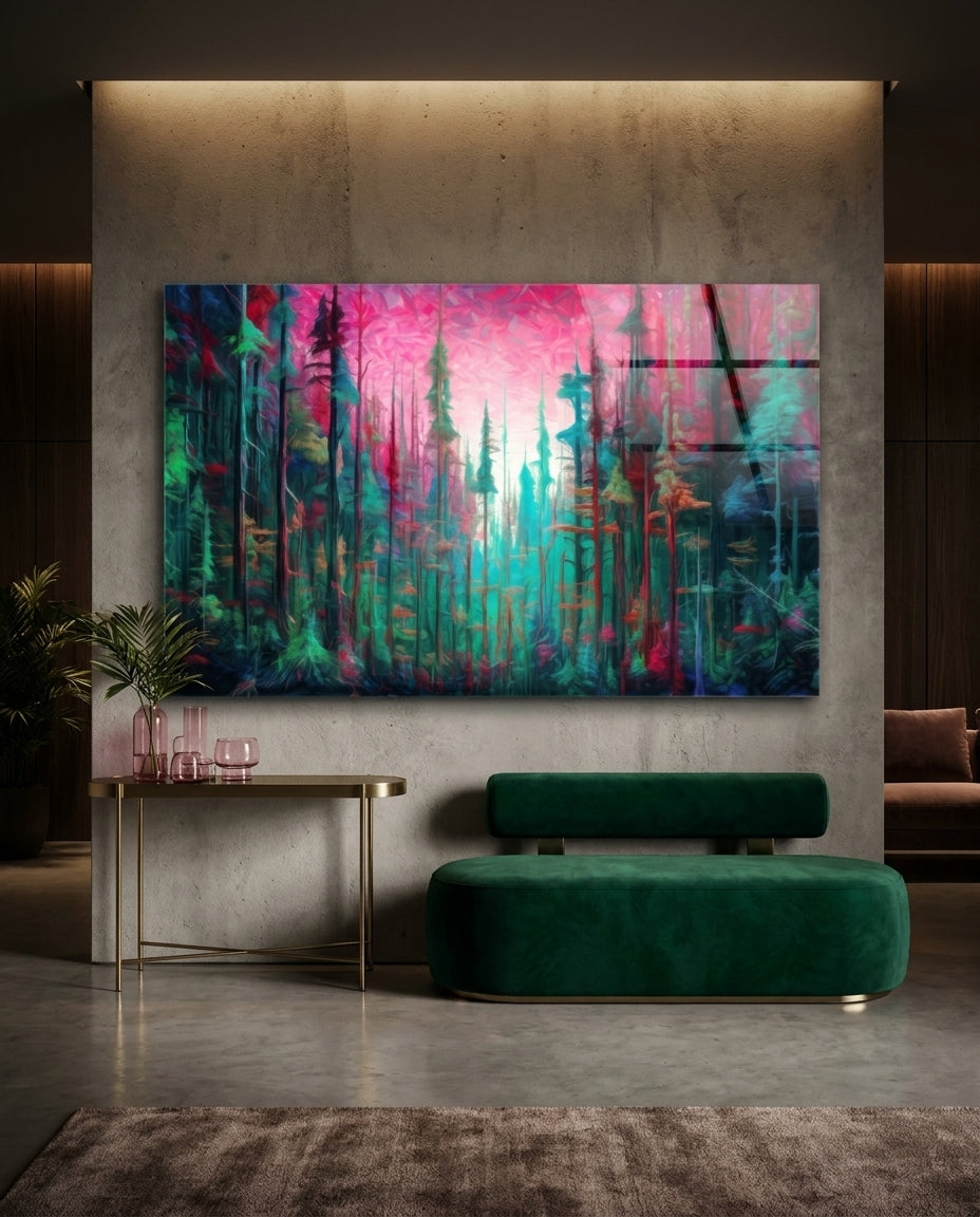 Magenta Sky Teal Pine Forest Glass Wall Art