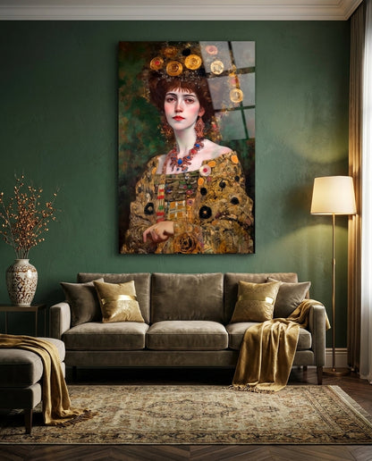 Klimt Style Floral Crown Portrait Glass Wall Art