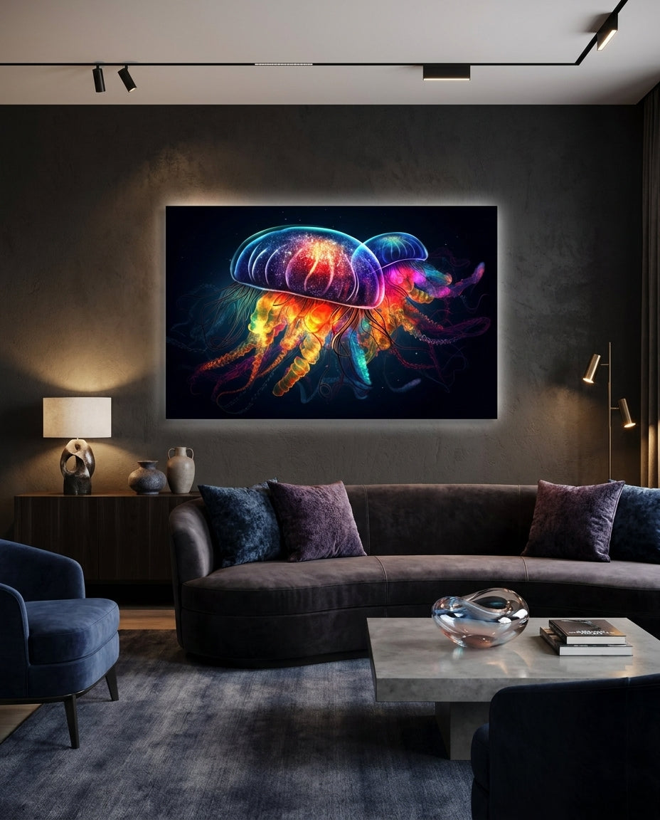 Neon Jellyfish Pair Cosmic Glow Glass Wall Art