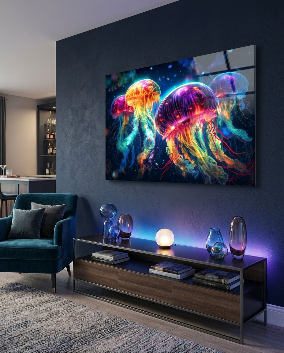 Four Neon Jellyfish Deep Sea Glow Glass Wall Art