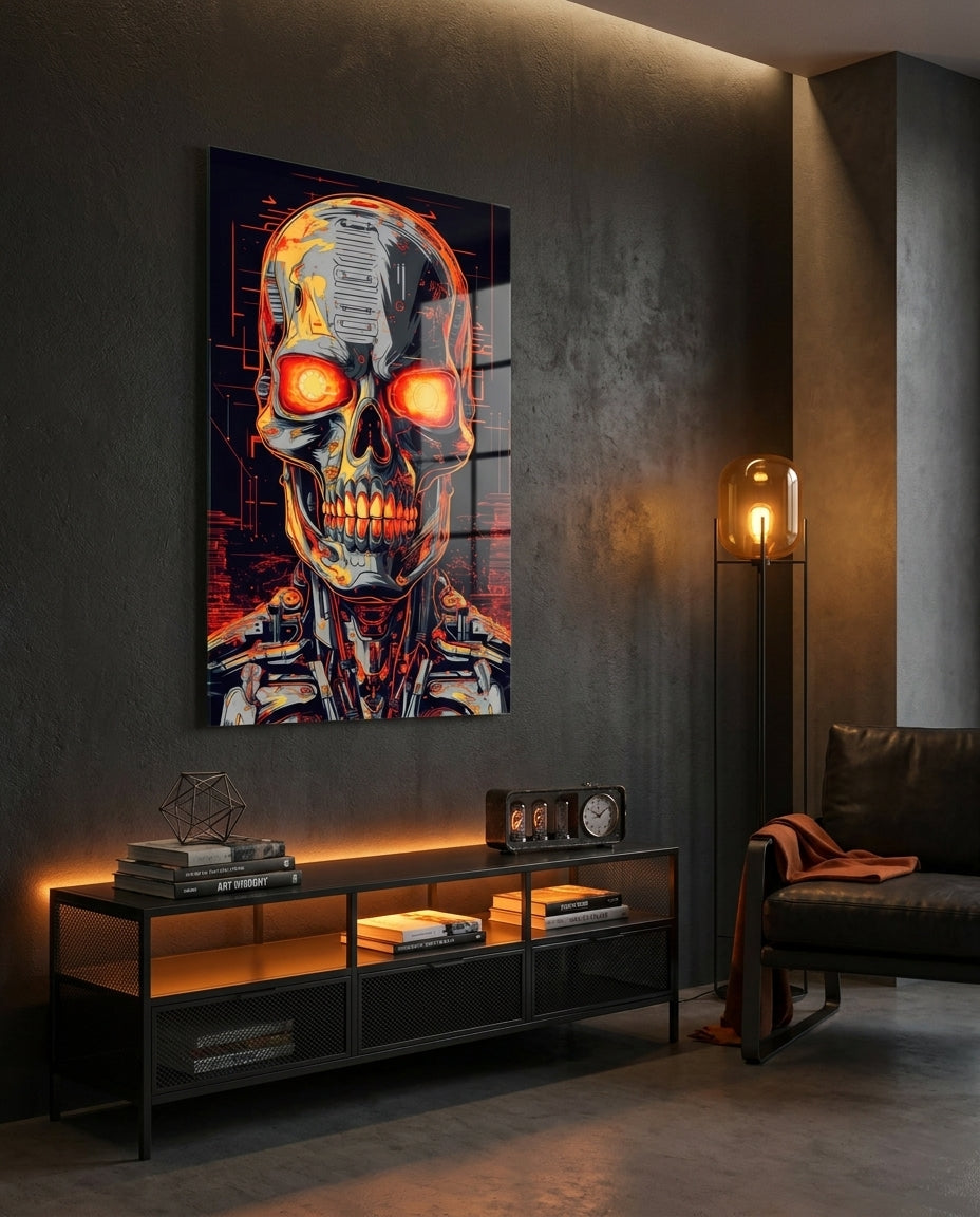 Glowing Eyes Metal Skull Glass Wall Art