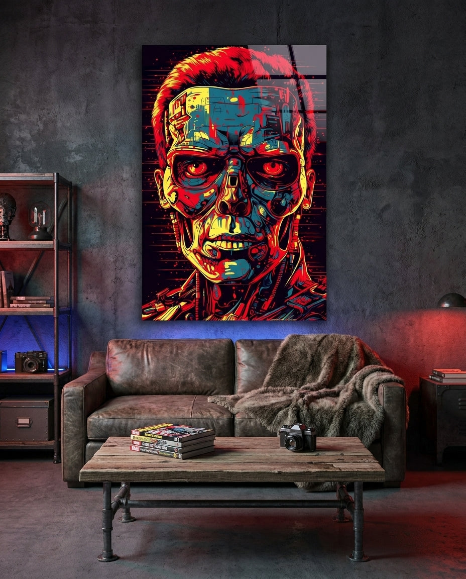 Red And Yellow Pop Cyborg Face Glass Wall Art