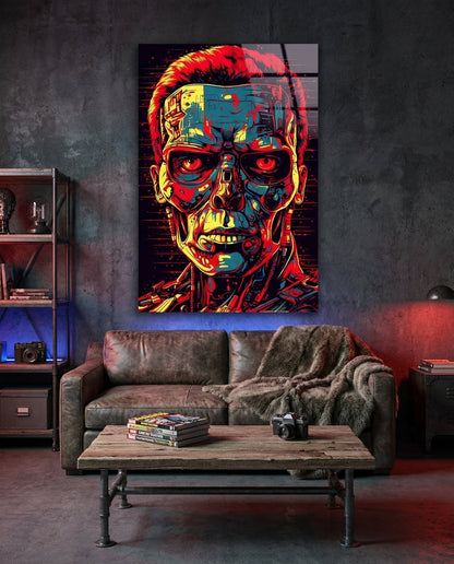 Red And Yellow Pop Cyborg Face Glass Wall Art