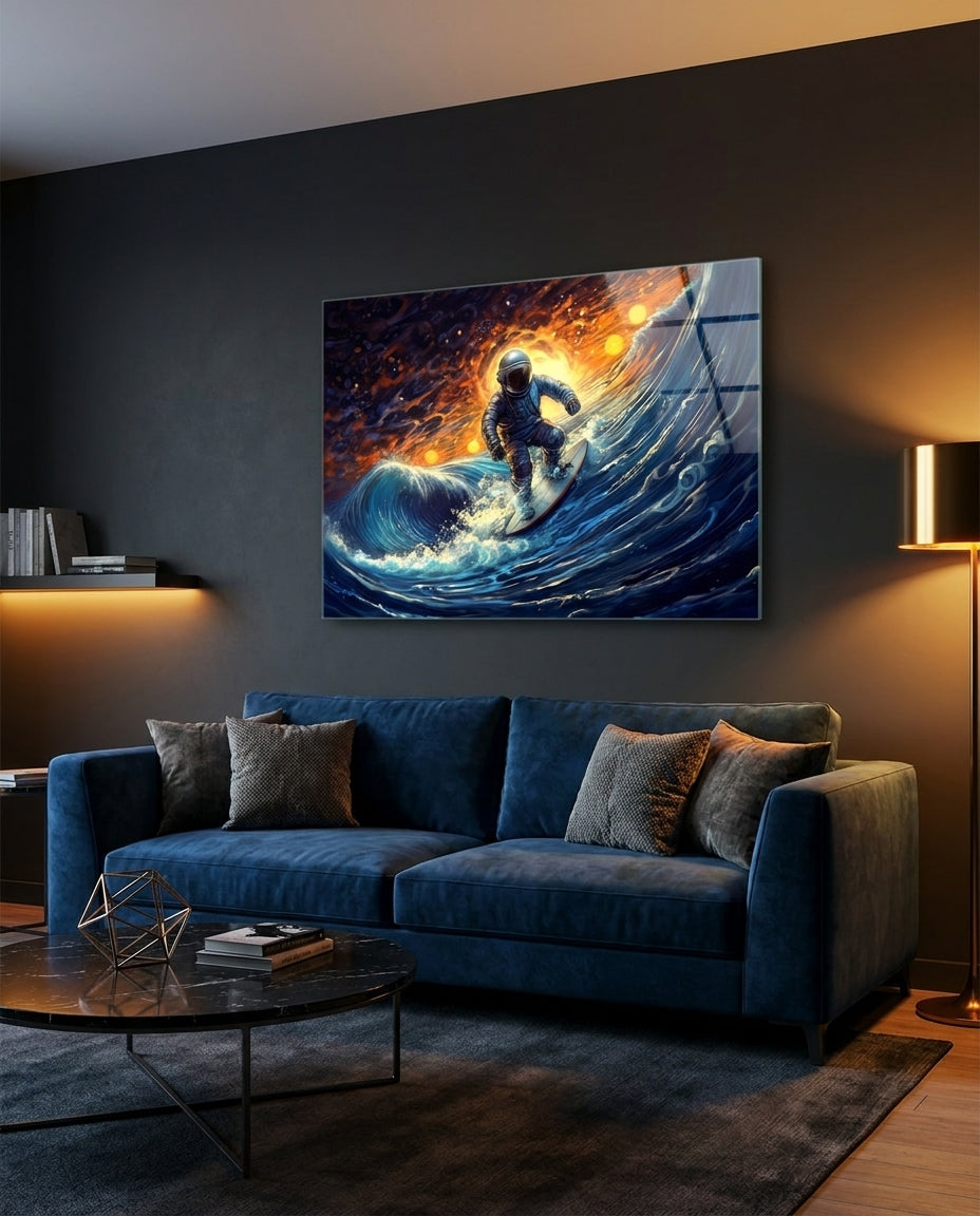 Surfing in Space Glass Wall Art || Designer Collection