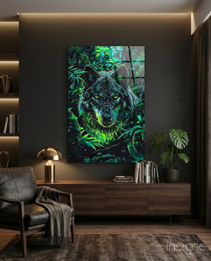 Tropical Foliage Portrait Wolf Glass Wall Art