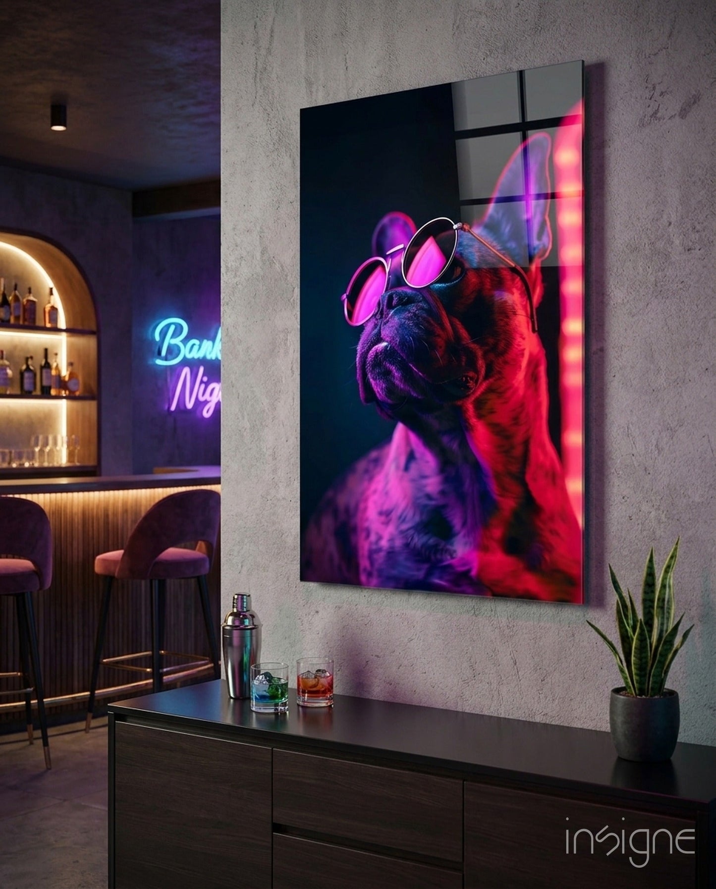 Red Neon Bulldog Round Frames Dog with Glasses Glass Wall Art