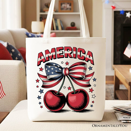 America Coquette Cherries Tote Bag, Patriotic 4th of July Gift Shopper - Shaketea